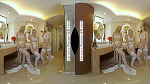 Virtual-Reality-Porno mit einem blonden und brünetten Paar in einem Vierer