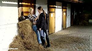 Two beautiful girls indulge in sensual lesbian sex on a ranch