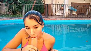 Deepthroat action in the pool with a real couple from Argentina