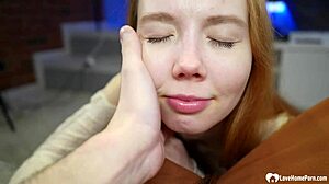 Ball-licking redhead girlfriend gives her man a deepthroat blowjob