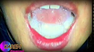 Близък план на устата на Карен, докато тя поглъща сперма