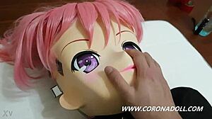 Jojo's self-bondage and doll play in Kigurumi and mask