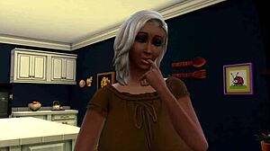 Interracial trekant med store bryster og røvleg i Sims 4-video