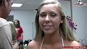 A young blonde with flawless breasts gets her initial experience in adult entertainment